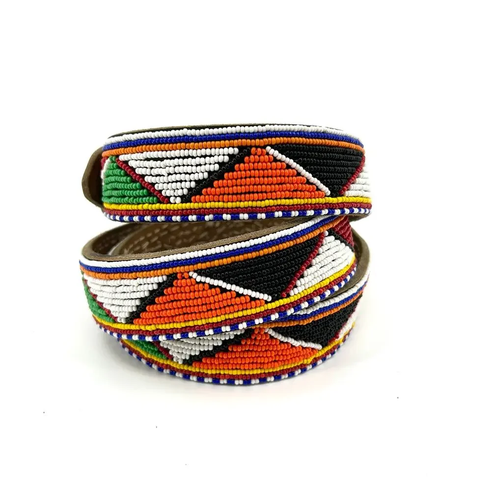 Vintage 90s Multicolor Seed Bead Geometric Genuine Leather African Style Belt